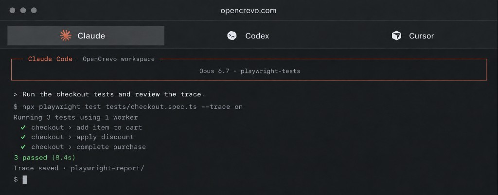 OpenCrevo agent window: Claude runs Playwright checkout tests and saves a trace